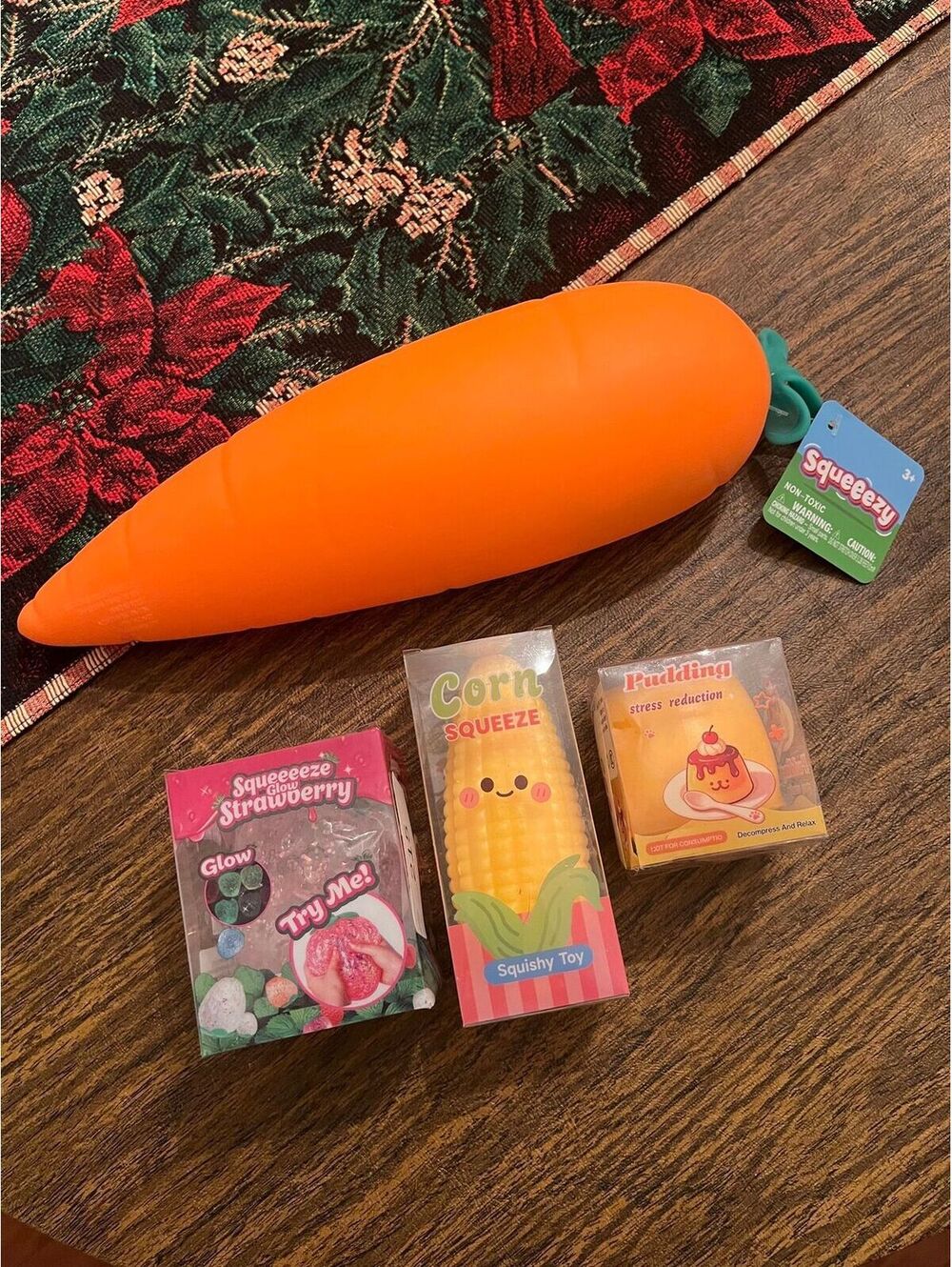 Food Squishy 4-Piece Bundle – Jumbo Carrot, Glow Strawberry, Crunch Corn & Flan